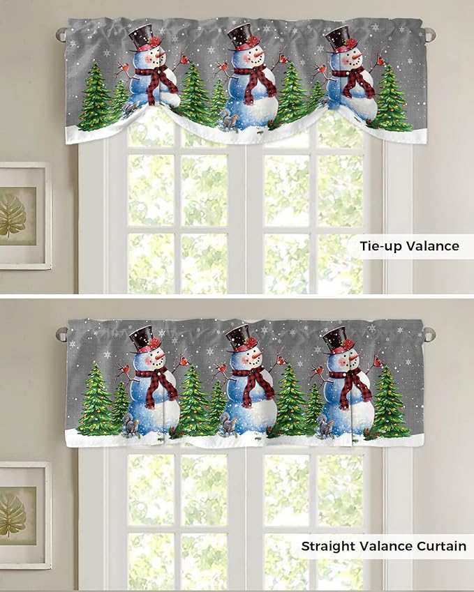 Christmas Snowman Blackout Tie Up Valance Curtains for Kitchen Windows Winter Holidays Cardinal White Snowflake Window Toppers Balloon Shades for Living Room/Bathroom/Bedroom,1 Panel,60" X 18" Gray
