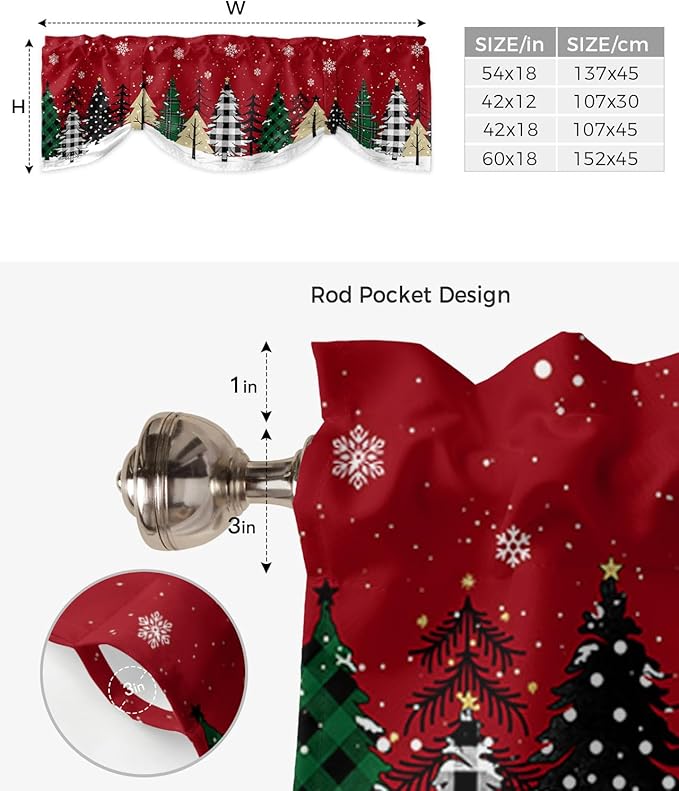 Red Merry Christmas Blackout Tie Up Valance Curtains for Kitchen Windows Green Christmas Tree Window Toppers Balloon Shades for Living Room/Bathroom/Bedroom,1 Panel, 60" X 18",White Snow Forest Winter