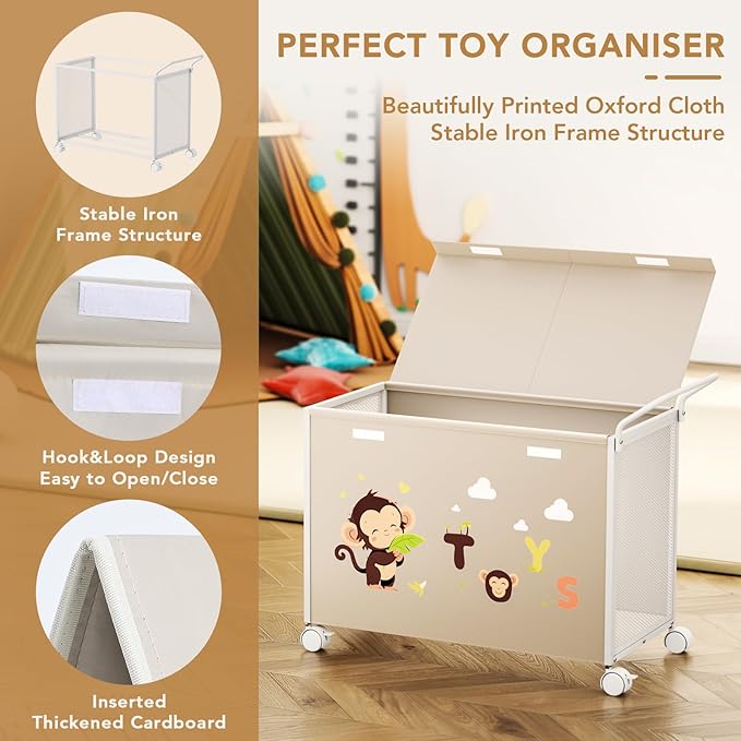 Toy Box Toy Storage - 72L Kids Toy Organizer with Wheels Toy Chest Storage Bins with Lids, Toy Boxes for Girls Boys, Stuffed Animals, Clothes, Bedroom, Living Room (beige)