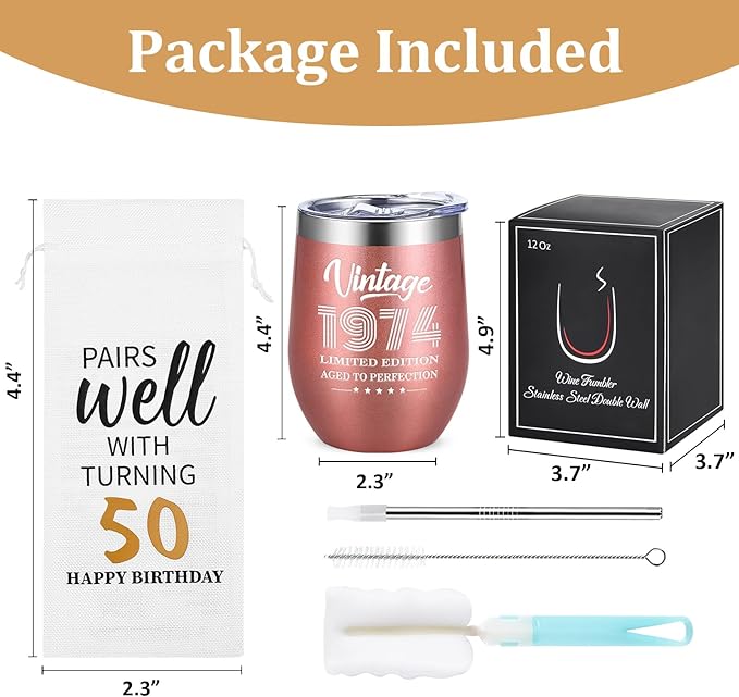 Lifecapido 50th Birthday Gifts for Women, Vintage 1974 Limited Edition Insulated Wine Tumbler with Wine Bag, 50 Year Old 50th Birthday Presents Christmas Gifts for Mom Grandma Wine Lover, 12 oz