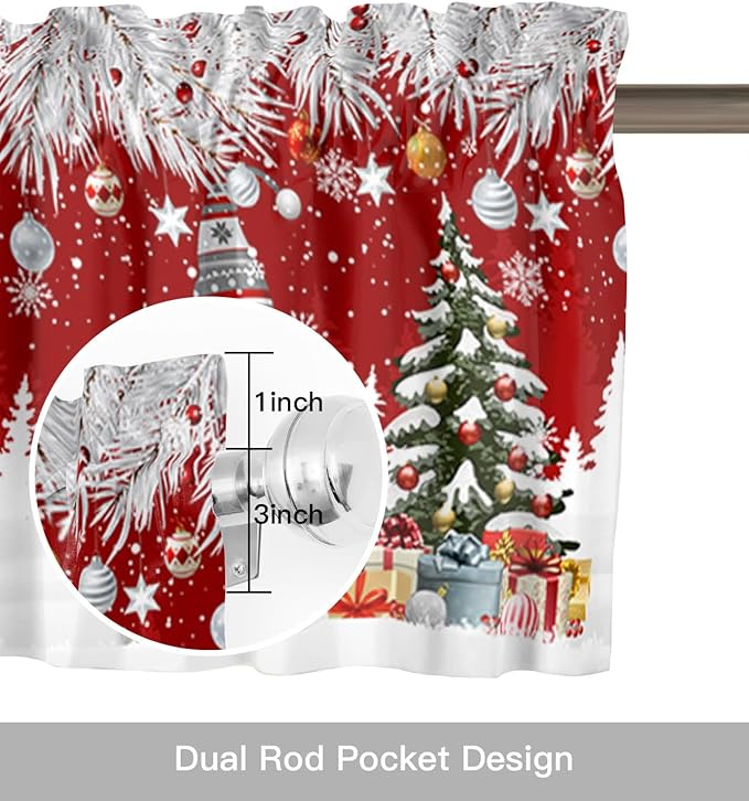Christmas Gnome Valance Curtains for Kitchen Windows Winter Merry Christmas Tree Balls Rod Pocket Window Treatment Toppers for Kitchen/Living Room/Bedroom/Bathroom, 42" X 12", Red