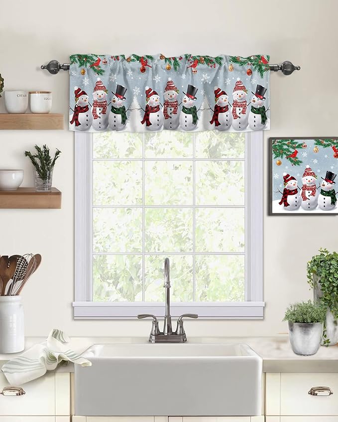 Christmas Kitchen Curtains Valances for Windows Snowman Cardinal Rod Pocket Window Treatment for Kitchen/Living Room/Bedroom/Bathroom,42" X 18" -1 Panel, Bluish Grey Winter Holiday