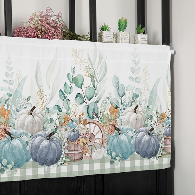 Fall Thanksgiving Kitchen Curtains Valances for Windows Navy Blue Pumpkins Green Eucalyptus Leaves Rod Pocket Window Treatment for Kitchen /Living Room/Bedroom/ Bathroom 54" X 18",Sage Farmhouse Plaid