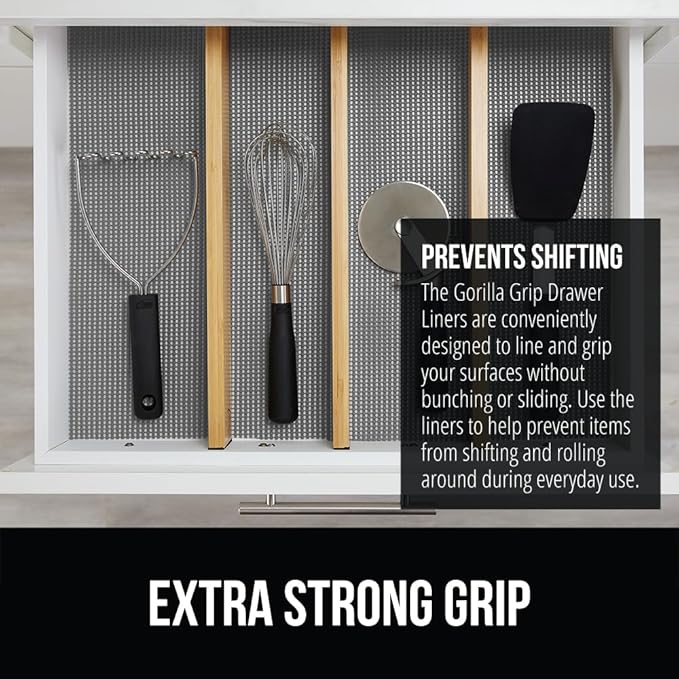 Gorilla Grip powerGRIP Drawer Shelf and Cabinet Liner, Thick Strong Hold, Non-Adhesive Liners Protect Kitchen Cabinets and Cupboard, Bathroom Drawers, Easy Install, Breathable Mat, 20" x30', Gray