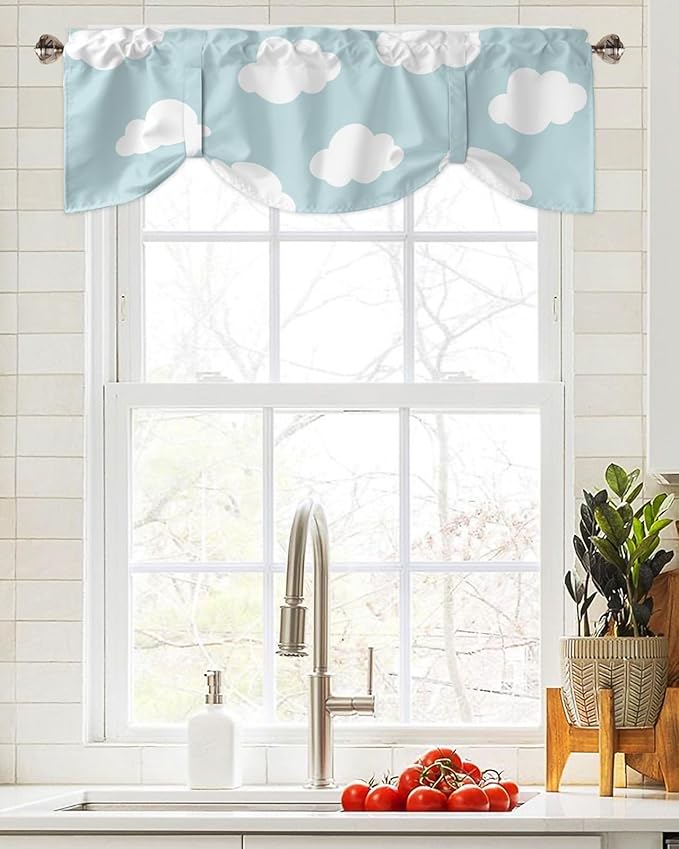 Kids Blackout Tie Up Valance Curtains for Kitchen Windows Blue White Cloud Cartoon Window Toppers Balloon Shades for Living Room/Bathroom/Bedroom,1 Panel,42" X 18"
