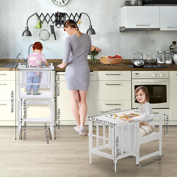 COSYLAND 3-in-1 Multifunctional Toddler Standing Tower, Kids Kitchen Step Stool with Whiteboard, Desk Table and Chair, Enjoys Unique Patented Design,FSC,CPC,SOR,CE,White