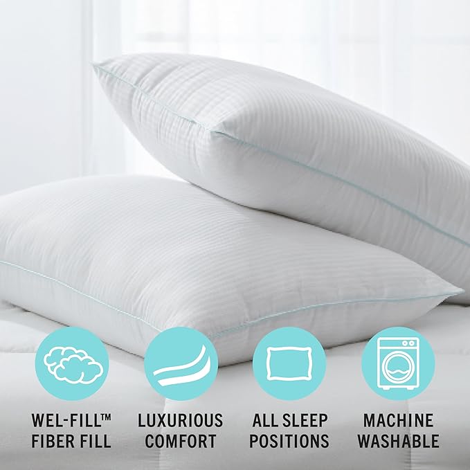 MARTHA STEWART Down Alternative Pillows King Size Set Of 2, Plush Cooling Pillow for Back, Stomach or Side Sleepers, Memory Foam-Like Fiber Fill, Dobby Stripe, 20" x 36", White