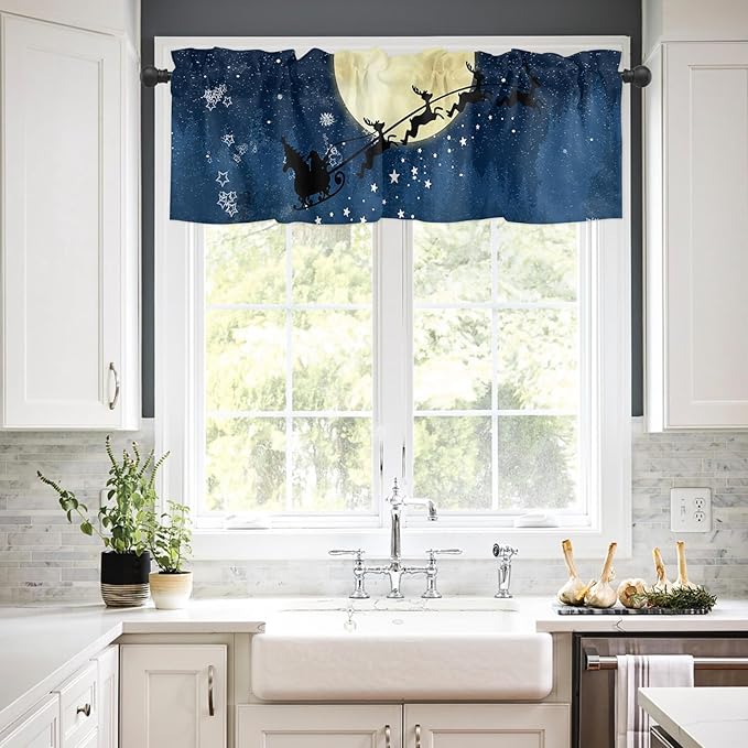 Christmas Kitchen Curtains and Valances Set, Santa Claus Reindeer Window Treatments Tiers Blue Snowy Night Semi Sheer Half/Short Curtains for Small Windows Cafe/Living Room/Bedroom 54x 36 in