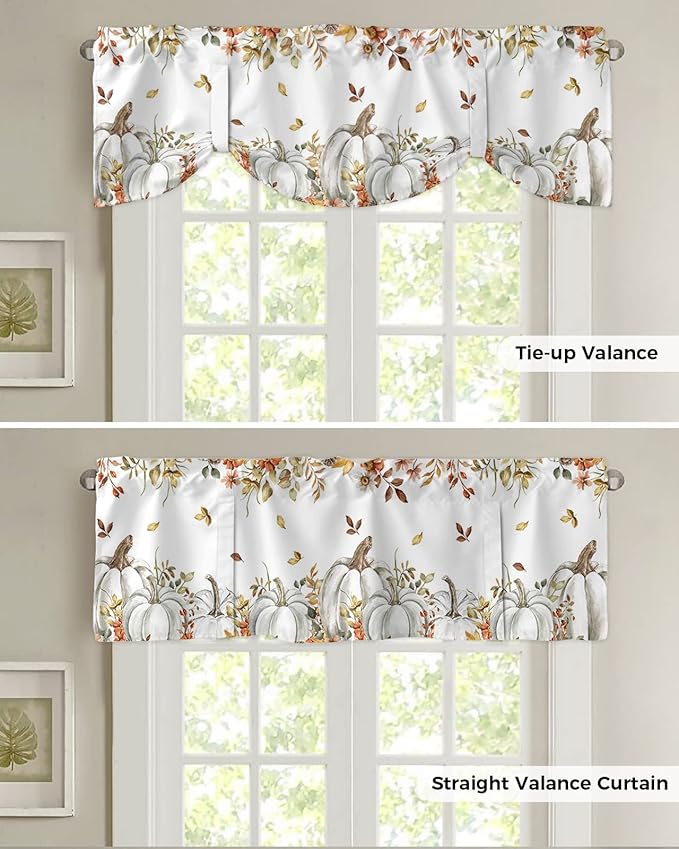 Fall Floral Leaves Blackout Tie Up Valance Curtains for Kitchen Windows Thanksgiving Pumpkins Window Toppers Balloon Shades for Living Room/Bathroom/Bedroom,1 Panel,42" X 12" Boho