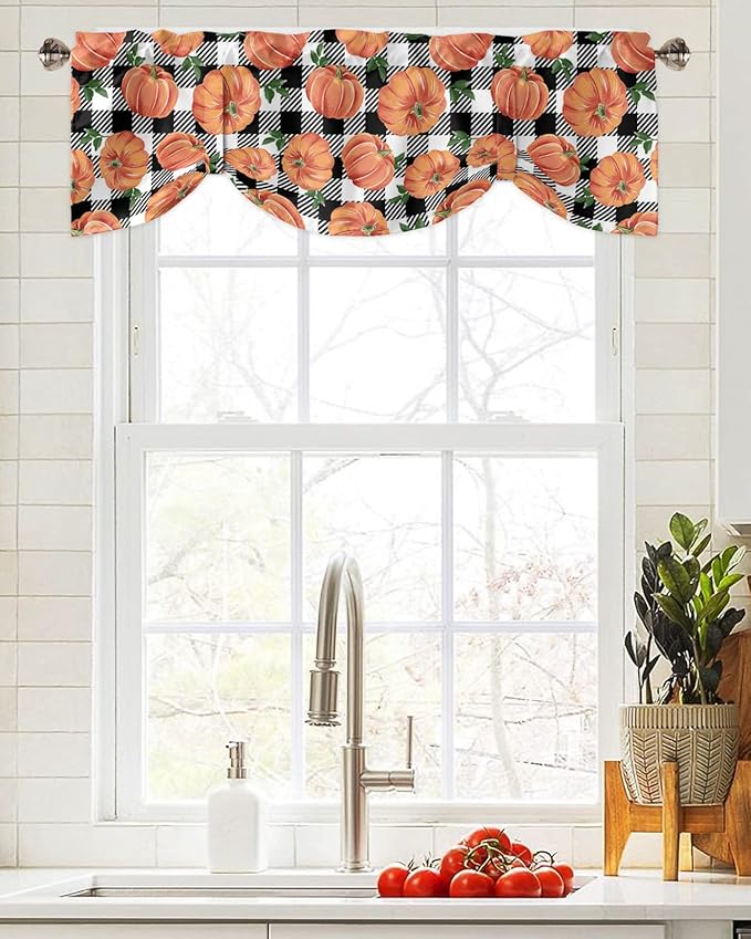 Fall Blackout Tie Up Valance Curtains for Kitchen Windows Thanksgiving Halloween Pumpkins Window Toppers Balloon Shades for Living Room/Bathroom/Bedroom,54" X 18" Farmhouse Black White Buffalo Plaid