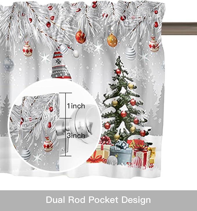 Christmas Gnome Valance Curtains for Kitchen Windows Winter Merry Christmas Tree Balls Rod Pocket Window Treatment Toppers for Kitchen/Living Room/Bedroom/Bathroom, 42" X 18", Grey