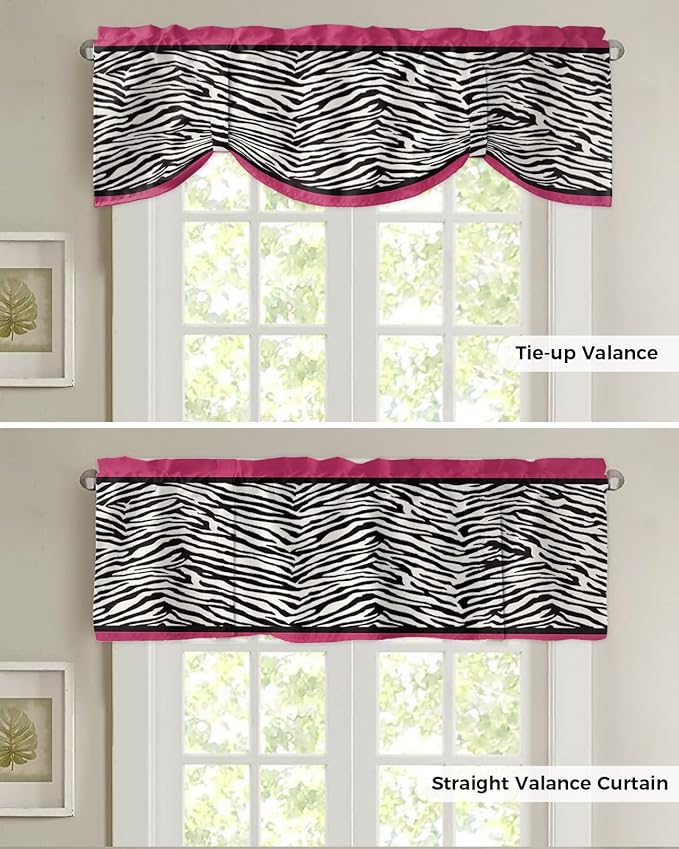 Animal Zebra Print Blackout Tie Up Valance Curtains for Kitchen Windows Black White Pink Window Toppers Balloon Shades for Living Room/Bathroom/Bedroom,1 Panel,60" X 18"
