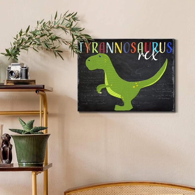 Renditions Gallery Canvas Animal Wall Art Modern Decorations Paintings Green Tyrannosaurus Rex Vibrant Dinosaur Canvas Wall Hanging Artwork for Kids Bedroom Nursery - 18"x27" LT33