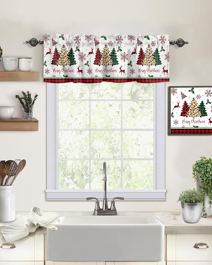 Merry Christmas Kitchen Curtains Valances for Windows Farm Christmas Tree Buffalo Plaid Leopard Rod Pocket Window Treatment for Kitchen/Living Room/Bedroom/Bathroom,42" X 18" -1 Panel, Holiday Decor