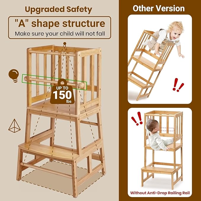 COSYLAND Kids Kitchen Step Stool,Toddler Standing Tower with CPC Certification, Removable Anti-Drop Railing Safety Rail Enjoys Unique Patented Design A Anti-tip Structure More Stable, Natural Bamboo