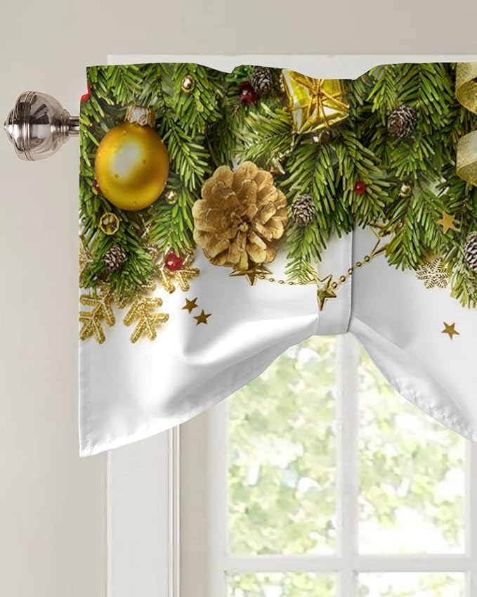 Christmas Blackout Tie Up Valance Curtains for Kitchen Windows Pine Cones Window Toppers Balloon Shades for Living Room/Bathroom/Bedroom,1 Panel,60" X 18" Golden Ornament Balls