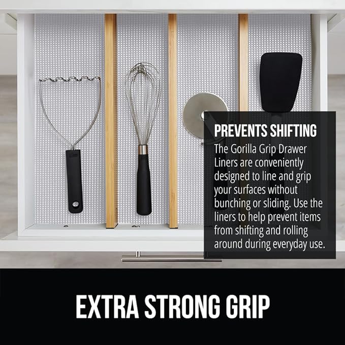 Gorilla Grip powerGRIP Drawer Shelf and Cabinet Liner, Thick Strong Hold, Non-Adhesive Liners Protect Kitchen Cabinets and Cupboard, Bathroom Drawers, Easy Install, Breathable Mat, 20" x20' Light Gray