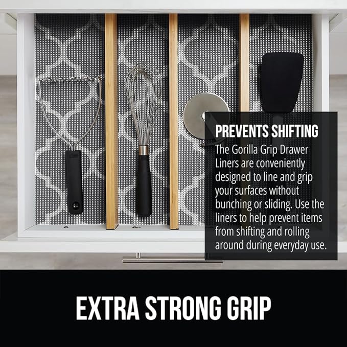 Gorilla Grip powerGRIP Drawer Shelf and Cabinet Liner, Thick Strong Hold, Non-Adhesive Liners Protect Kitchen Cabinets and Cupboard, Bathroom Drawers, Easy Install, Breathable Mat, 12" x10' Quatrefoil
