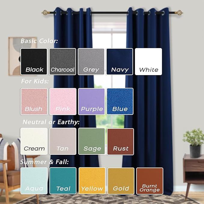 Mrs.Naturall Navy Blue Blackout Curtains for Kids Room,2 Panels Grommet Light Blocking Room Darkening Curtains for Boys Bedroom,63 Inch Length,Dark Blue