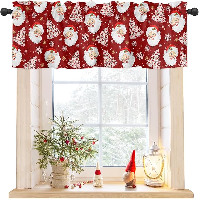 Red Christmas Valance Curtains for Kitchen Windows Santa Claus Merry Christmas Tree Rod Pocket Window Treatment Toppers for Kitchen/Living Room/Bedroom/Bathroom, 42" X 12", Winter Snowflake