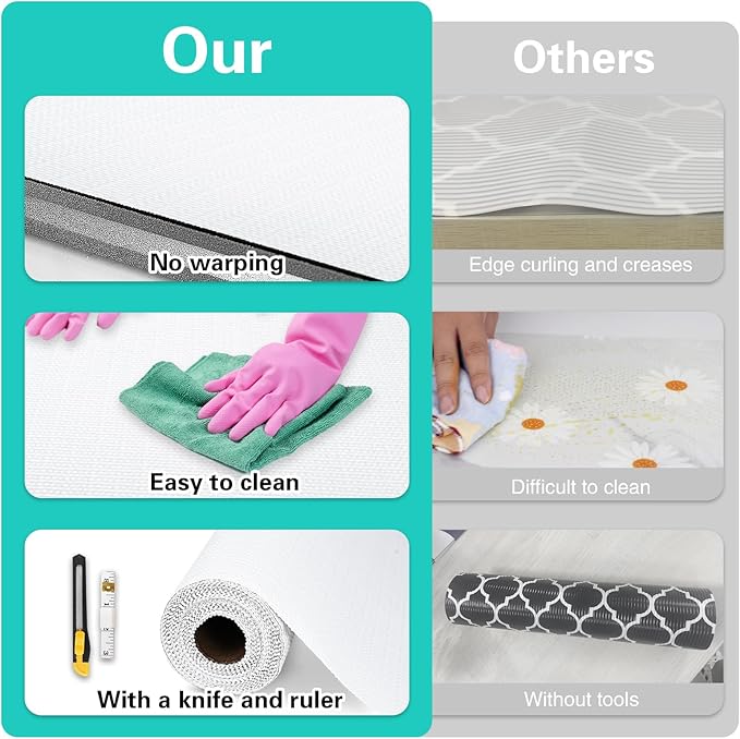 Shelf and Drawer Liner for Kitchen Cabinet-12 in x 20 FT Non-Adhesive Cabinet Liners for Shelves Non-Slip Waterproof Kitchen Drawer Liners Contact Paper Shelf Paper with Knife and Tape Measure