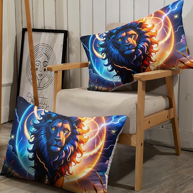 AILONEN Lion Fitted Sheet Set Full Size, Constellation Lightning Lion Bed Sheet Set for Boys Girls,Blue Sky Starry Animal Lion Breathable Fitted Sheet and 2 Pillowcases,3 Pieces