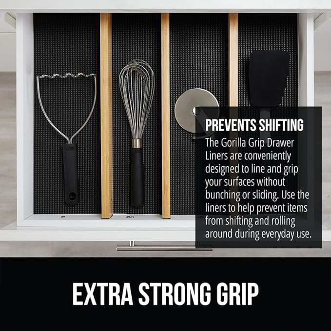 Gorilla Grip powerGRIP Drawer Shelf and Cabinet Liner, Thick Strong Hold, Non-Adhesive Liners Protect Kitchen Cabinets and Cupboard, Bathroom Drawers, Easy Install, Breathable Mat, 17.5" x30', Black