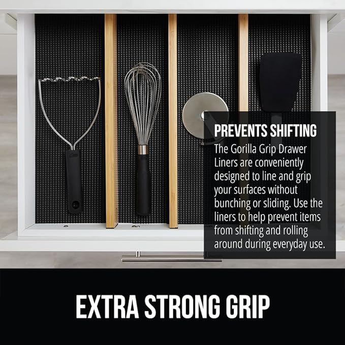 Gorilla Grip powerGRIP Drawer Shelf and Cabinet Liner, Thick Strong Hold, Non-Adhesive Liners Protect Kitchen Cabinets and Cupboard, Bathroom Drawers, Easy Install, Breathable Mat, 24" x20', Black