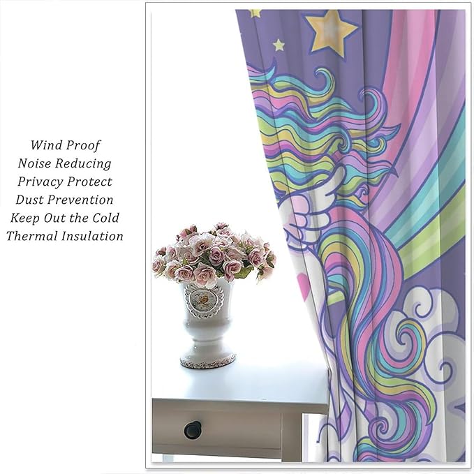 Kids Unicorn Curtains Purple Cartoon Rainbow Cartoon Room Blackout Curtains Boys Girls Baby Room Decor Curtains Living Room Decor 52x84 Inch 2 Panels