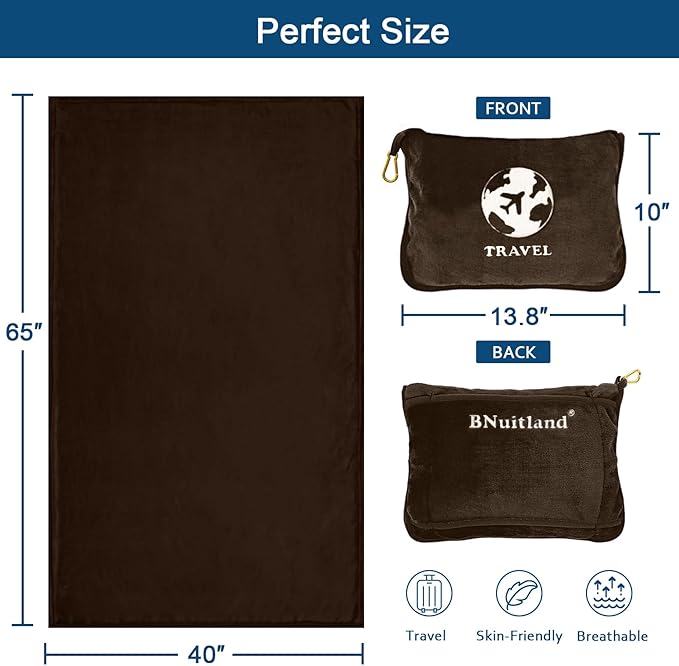 Bnuitland Travel Blanket and Pillow 2 in 1, Soft Flannel Airplane Blanket in Bag Compact-Long Flight Essential for Adults and Kids, Portable Luggage Sleeve and Backpack Clip, 65×40 inch Coffee Brown