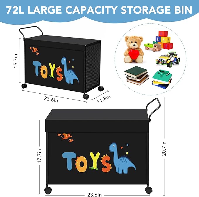 Toy Box Toy Storage - 72L Kids Toy Organizer with Wheels Toy Chest Bins with Lids, Toy Boxes for Girls Boys,Toddlers, Stuffed Animals, Living Room (Black)