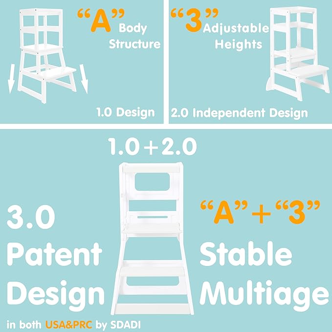 SDADI Mother's Helper Adjustable Height Plastic Kitchen Step Stool for Children, Kids Toddlers Counter Level Learning Stool for Kitchen & Bathroom,Dark Grey and Light Grey