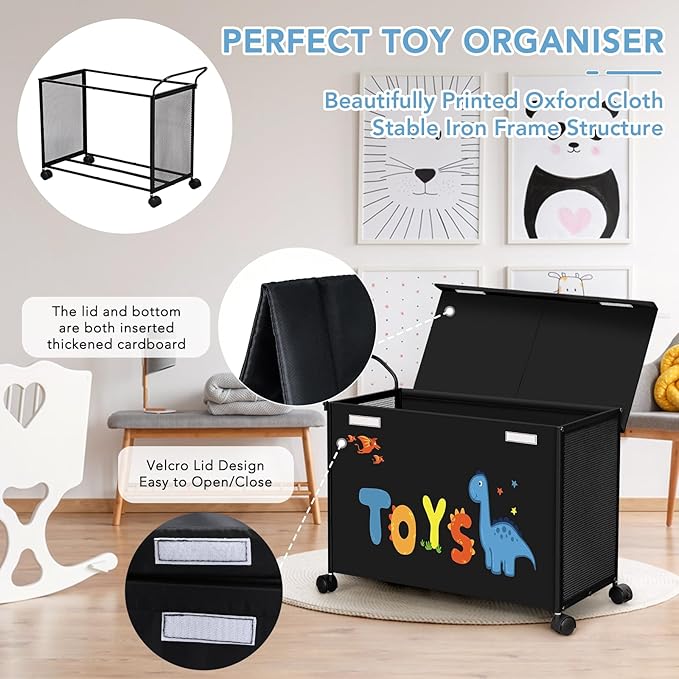 Toy Box Toy Storage - 72L Kids Toy Organizer with Wheels Toy Chest Bins with Lids, Toy Boxes for Girls Boys,Toddlers, Stuffed Animals, Living Room (Black)