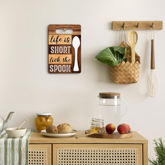 Life Is Short Lick the Spoon Cutting Board Gifts, Wood Cutting Boards for Kitchen, House Warming Gifts New Home, Kitchen Wall Art, Christmas Birthday Gifts for Women Mom Grandma 8 x 12 Inch