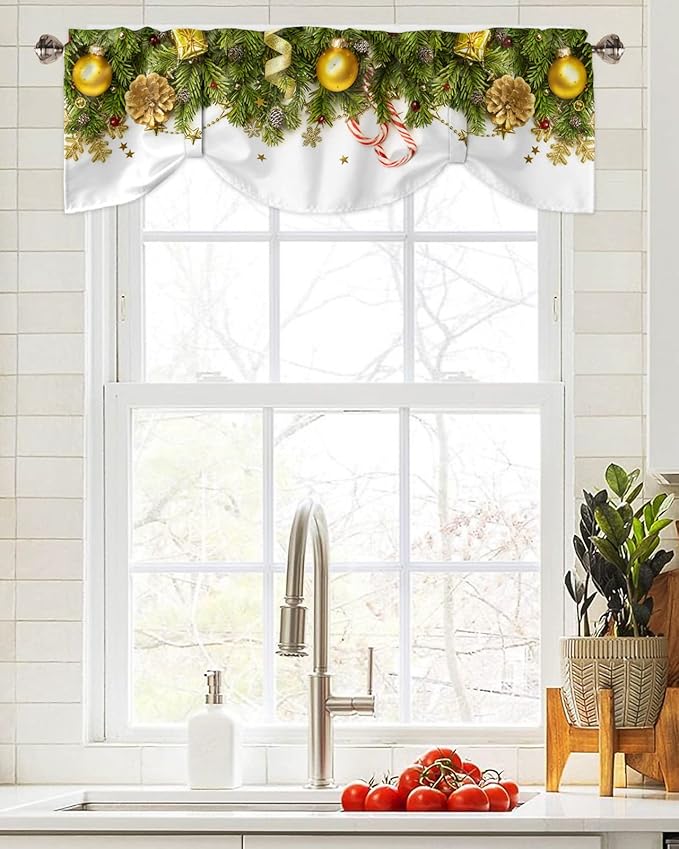 Christmas Blackout Tie Up Valance Curtains for Kitchen Windows Pine Cones Window Toppers Balloon Shades for Living Room/Bathroom/Bedroom,1 Panel,60" X 18" Golden Ornament Balls