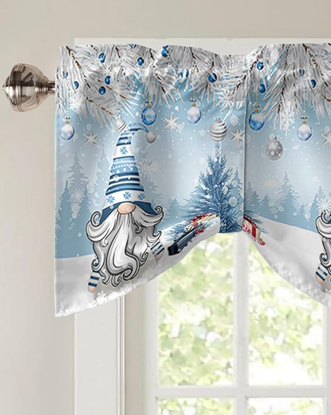 Christmas Gnome Blackout Tie Up Valance Curtains for Kitchen Windows Winter Merry Christmas Tree Balls Window Toppers Balloon Shades for Living Room/Bathroom/Bedroom,1 Panel, 42" X 18", Blue