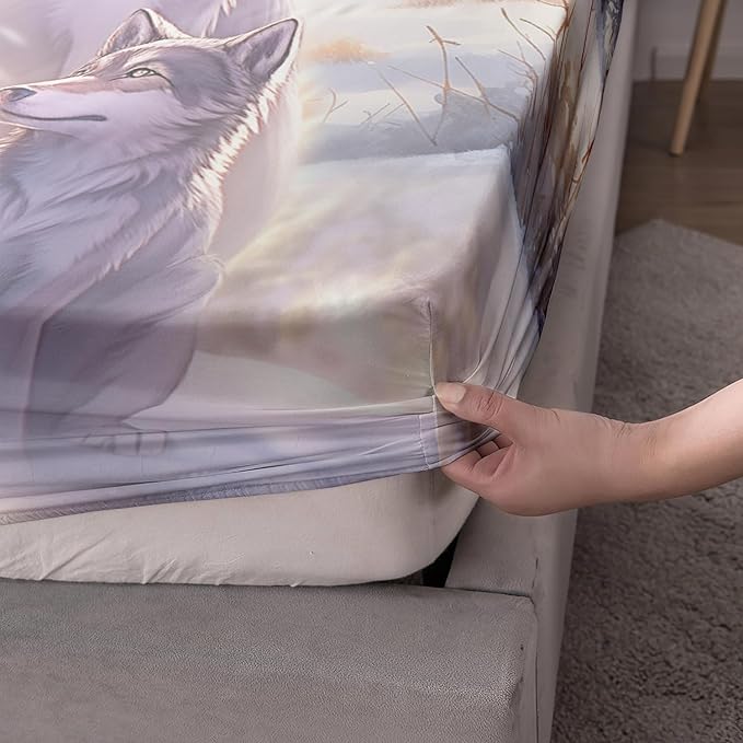 AILONEN Wolf Fitted Sheet Set Full Snow Wolf Bed Sheet Set, Wolfmother and Wolf Pups Theme Bedding Set 3 Pieces Wildlife Wolf Sheet Set for Boys Girls,1 Fitted Sheet with 2 Pillowcases