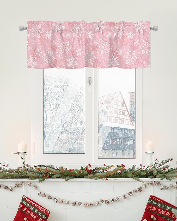 Christmas Valance Curtains for Kitchen Windows Pink White Snowflakes Pattern Rod Pocket Window Treatment Toppers for Kitchen/Living Room/Bedroom/Bathroom, 42" X 12", Winter