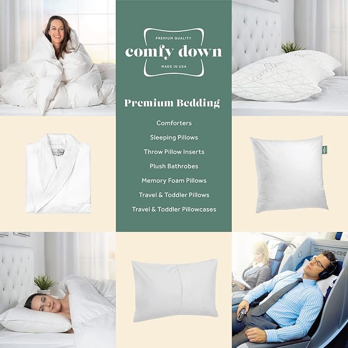 ComfyDown 50/50 Down Feather Blend ComfyDream Bed Pillow for Sleeping, Egyptian Cotton Cover, Made in USA, Queen Size (Queen)