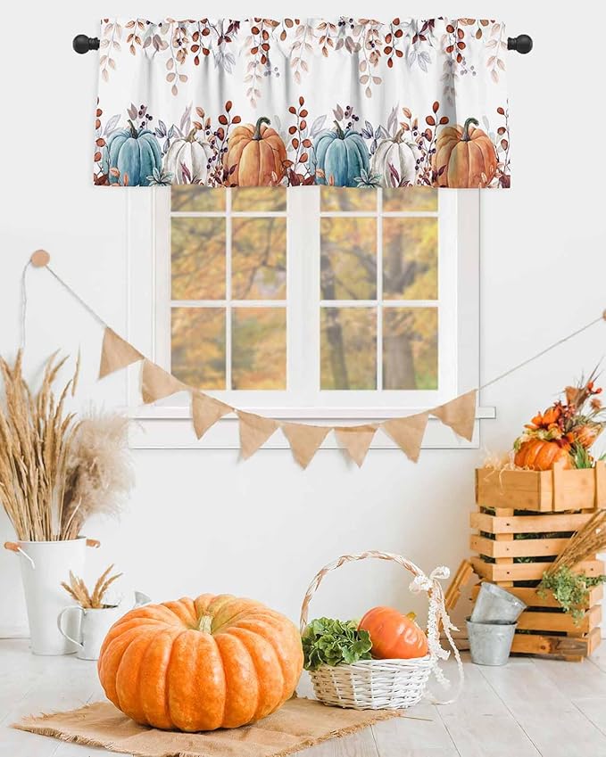 Fall Thanksgiving Kitchen Curtains Valances for Windows Watercolor Autumn Pumpkins Eucalyptus Leaves Rod Pocket Window Treatment for Kitchen /Living Room/Bedroom/ Bathroom,42" X 18", Blue Orange