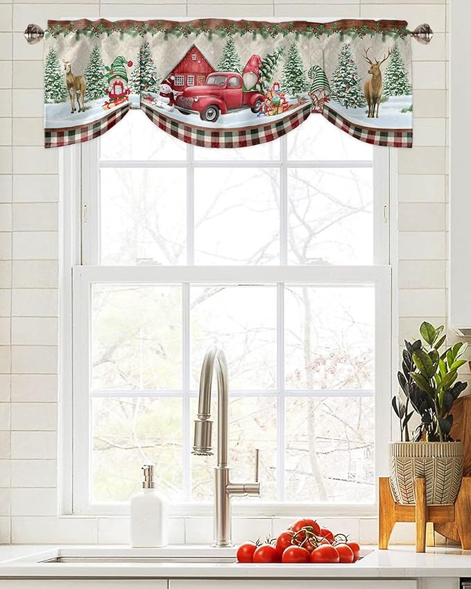 Christmas Farmhouse Blackout Tie Up Valance Curtains for Kitchen Windows Red Truck Gnomes Window Toppers Balloon Shades for Living Room/Bathroom/Bedroom,1 Panel,60" X 18" Winter Holiday Snowman