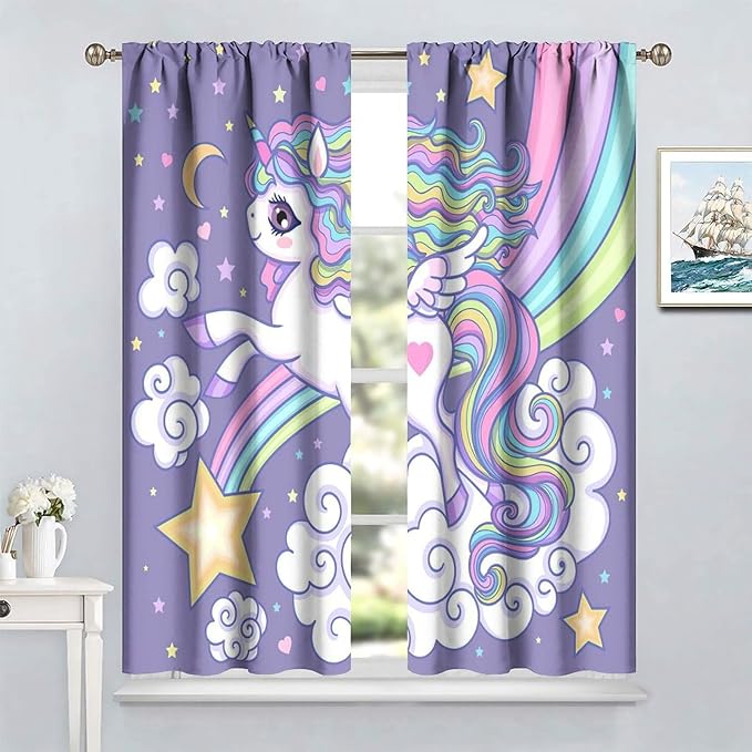 Kids Unicorn Curtains Purple Cartoon Rainbow Cartoon Room Blackout Curtains Boys Girls Baby Room Decor Curtains Living Room Decor 52x84 Inch 2 Panels