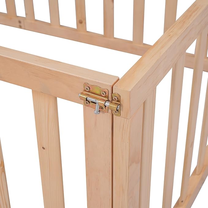Twin Size Floor Bedframe with Door and Safety Guardrails Fence, Solid Wooden Toddler Montessori Platform Bed for Children Bedroom, Boys Girls, Kids Playroom