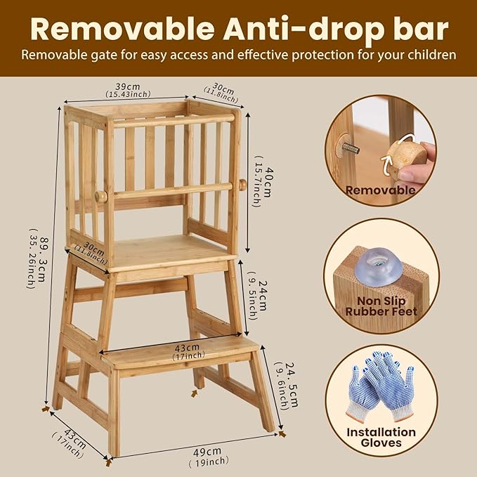 COSYLAND Kids Kitchen Step Stool,Toddler Standing Tower with CPC Certification, Removable Anti-Drop Railing Safety Rail Enjoys Unique Patented Design A Anti-tip Structure More Stable, Natural Bamboo