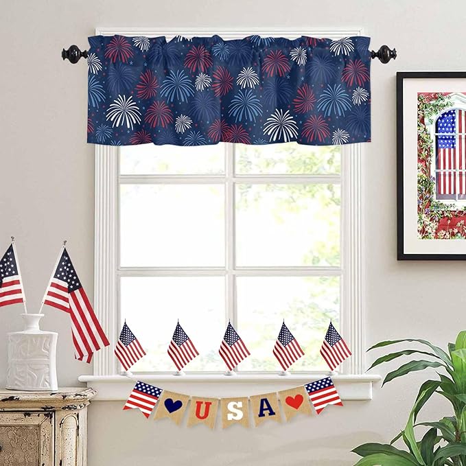 July 4th Kitchen Curtains Valances for Windows Fireworks Celebrate Patriotic Americana Stars Rod Pocket Window Treatment for Kitchen/Living Room/Bedroom/Bathroom, 42" X 12", Red, White and Blue