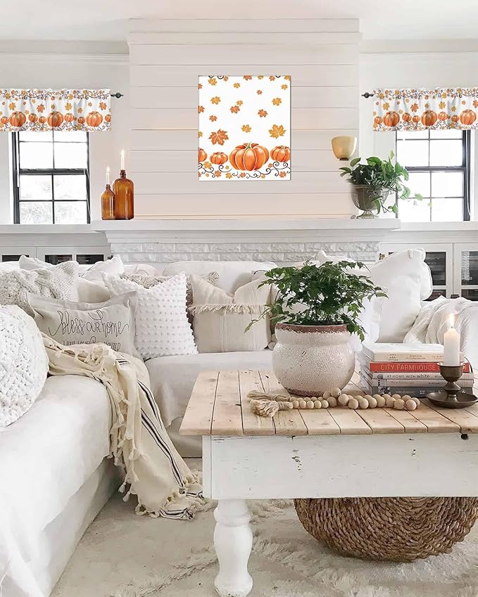 Vandarllin Fall Maple Leaves Kitchen Curtains Valances for Windows Thanksgiving Watercolor Pumpkins Rod Pocket Window Treatment for Kitchen/Living Room/Bedroom/Bathroom,60" X 18"-1 Panel, Orange