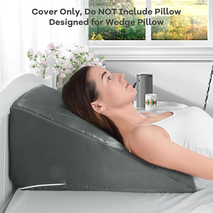 HOMBYS Satin Bed Wedge Pillow Cover Silky & Smooth Wedge Pillowcase 1 Pack 24x24x10, Soft & Breathable, Removable & Machine Washable-Zipper Design (Pillow Not Include),Dark Grey