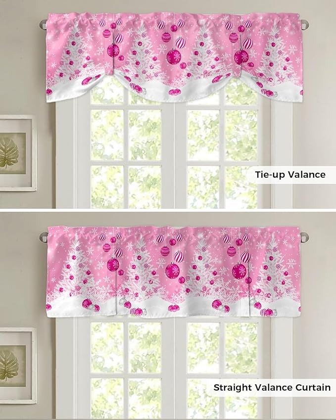 Pink Christmas Blackout Tie Up Valance Curtains for Kitchen Windows White Xmas Tree Snowflakes Pink Balls Window Toppers Balloon Shades for Living Room/Bathroom/Bedroom,1 Panel, 42" X 12", Winter