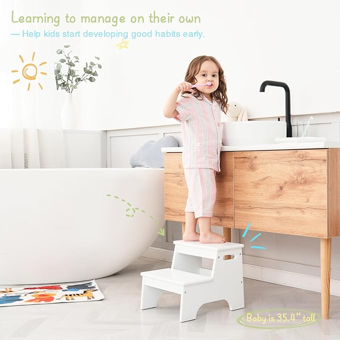 Forbena Wood 2 Step Stool for Kids Bathroom Sink, White Toddler Step Stool for Toilet Potty Training, Child Stepping Stool for Kitchen Nursery Bedroom, Sturdy Non Slip Adult Stool for Closet