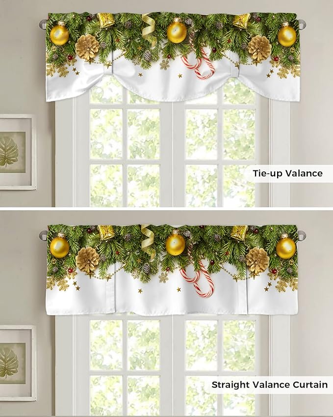 Christmas Blackout Tie Up Valance Curtains for Kitchen Windows Pine Cones Window Toppers Balloon Shades for Living Room/Bathroom/Bedroom,1 Panel,60" X 18" Golden Ornament Balls